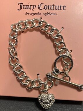 NIB Juicy Couture Silver Crystal Heart Charm Toggle Bracelet